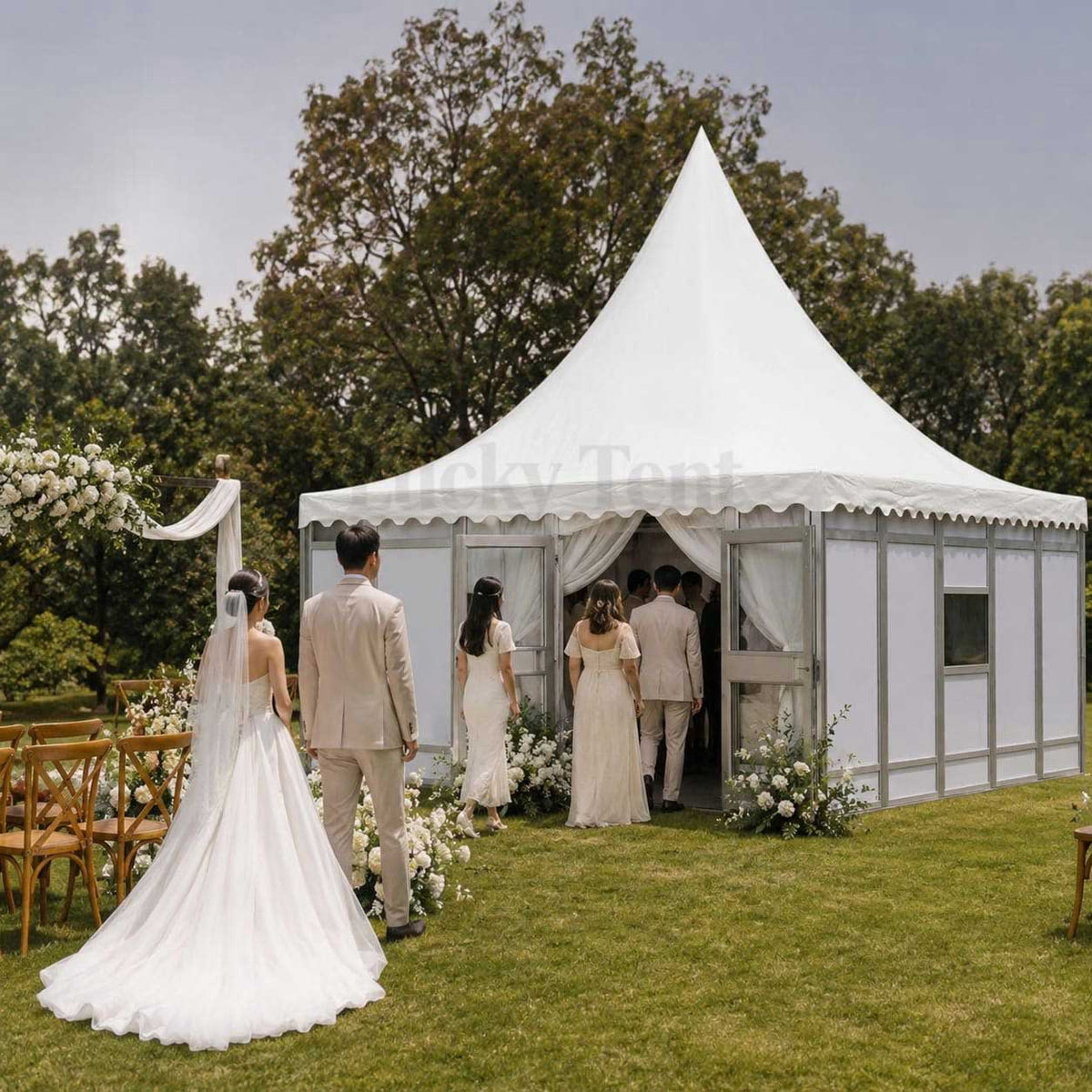 Heavy duty durable aluminum frame pagoda tent with glass side wall and ABS wall PT001