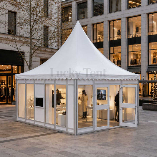 Heavy duty durable aluminum frame pagoda tent with glass side wall and ABS wall PT001