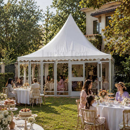Heavy duty durable aluminum frame pagoda tent with glass side wall and ABS wall PT001
