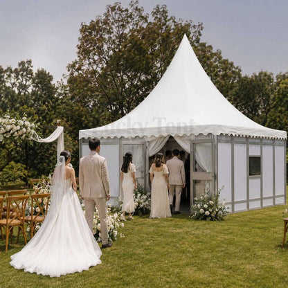 Heavy duty durable aluminum frame pagoda tent with glass side wall and ABS wall PT001