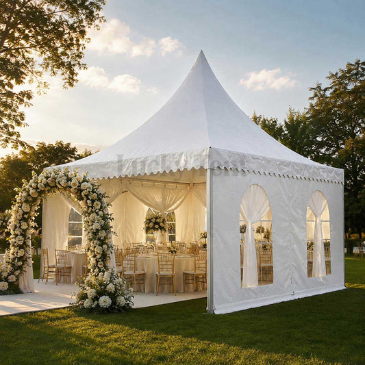 White PVC Party 5x5 Aluminum Frame Pagoda Tent With Lining PT010