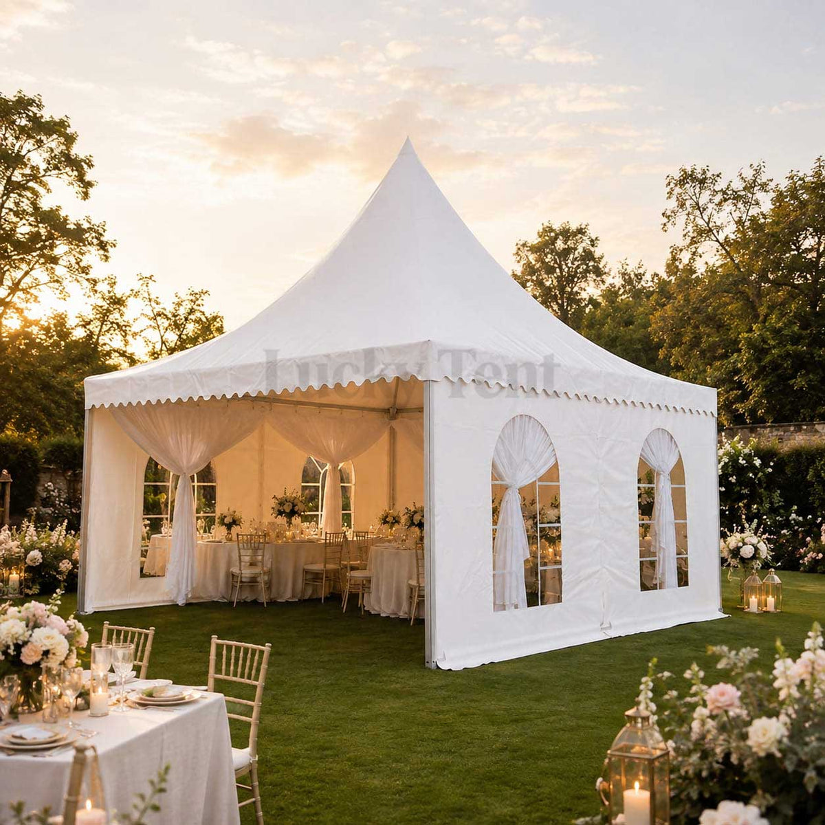 White PVC Party 5x5 Aluminum Frame Pagoda Tent With Lining PT010