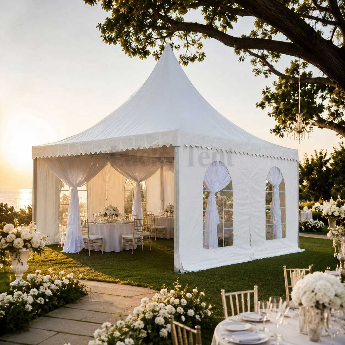 White PVC Party 5x5 Aluminum Frame Pagoda Tent With Lining PT010
