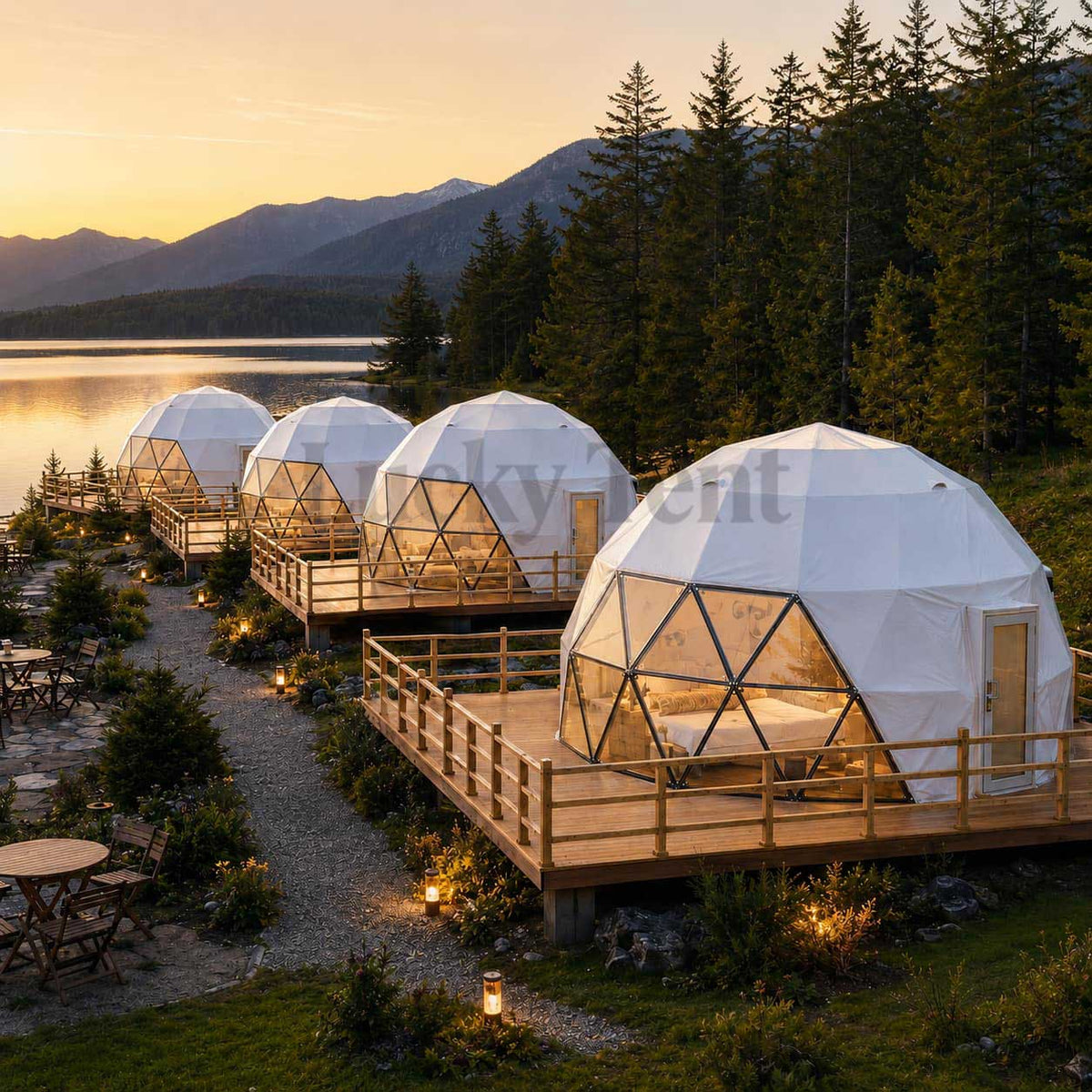 Outdoor Luxury PVC Glamping Igloo 6m Dome Tent With Glass Bay Window DT003