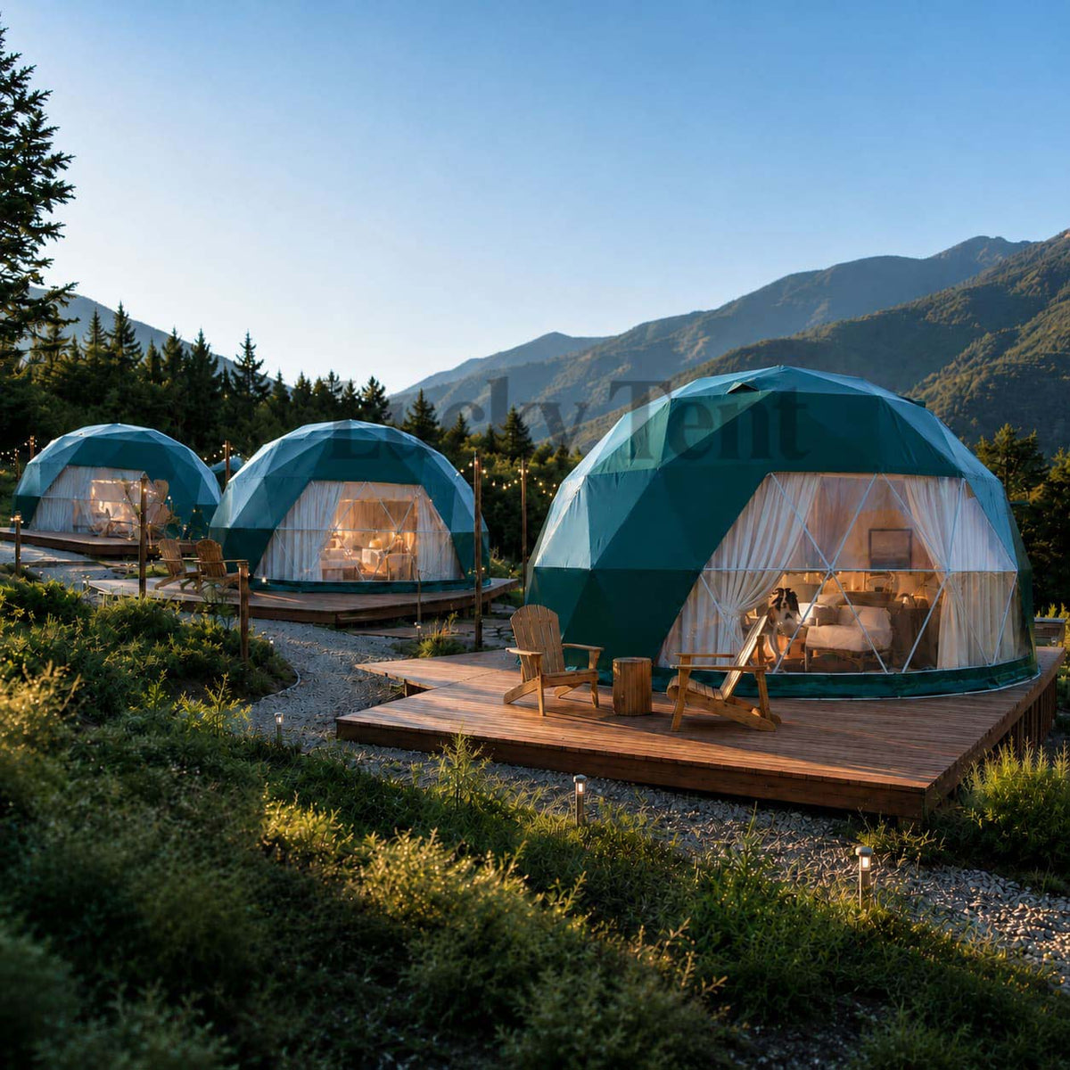 Forest Customized Diameters Outdoor Dark Green PVC Glamping Geodesic Dome Tent For Hotel Use DT004